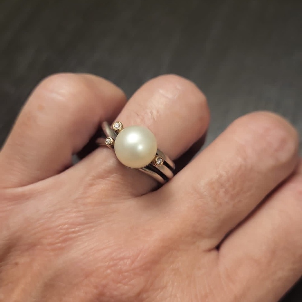 Authentic Pandora Woven Splendor Pearl, 14k gold & diamonds